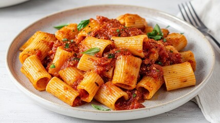 A plate of rigatoni pasta topped with a rich tomato sauce and garnished with fresh herbs, showcasing a delicious Italian meal.
