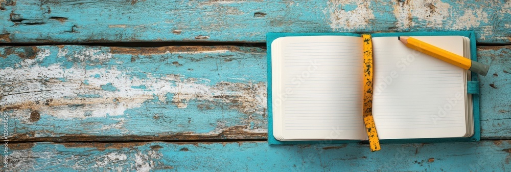 Aufkleber open notebook with a pencil on a bright wooden desk inviting creativity and productivity in a spacio