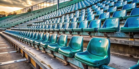 Obraz premium Empty rows of plastic stadium seats with scattered sports equipment and dust, dirt, dust