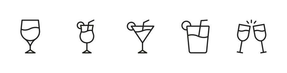 Cocktails, drinks glasses icon set vector