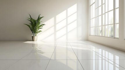 Sunlit Minimalist Interior: A Serene Room with Plant and Large Window