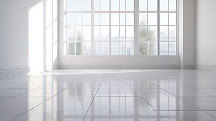 Fototapeta premium Bright Minimalist Room with Large Window and Shiny Floor