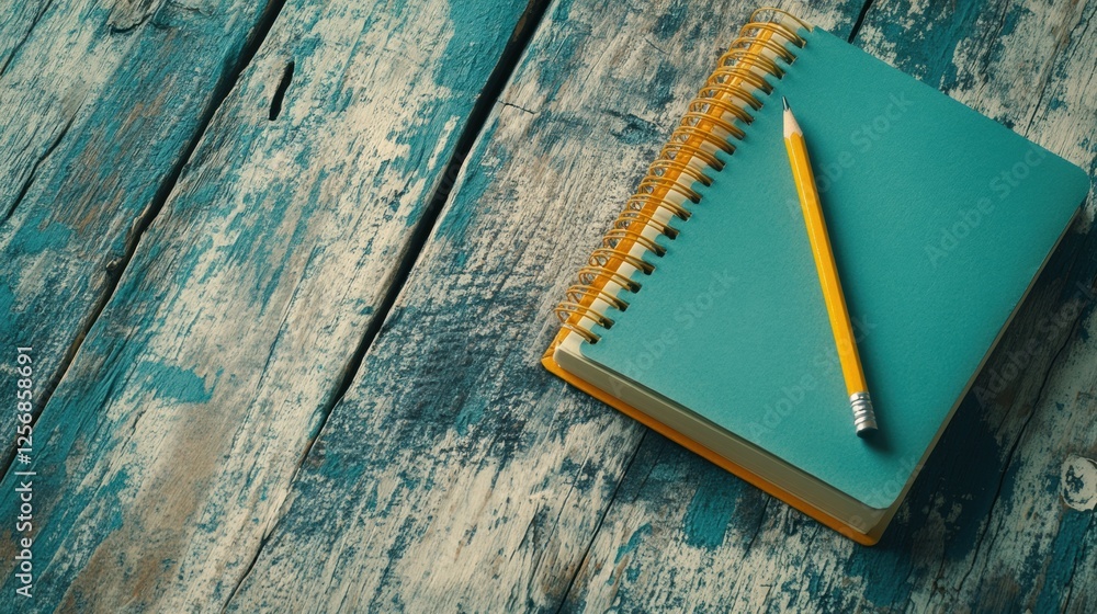 Poster Open notebook with a pencil on a bright wooden desk in a spacious workspace for creative writing and brainstorming. Generative AI