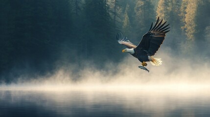 Majestic Bald Eagle in Flight with Fish, Misty Lake Morning