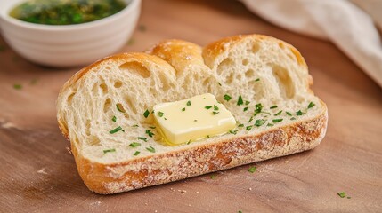 A warm, crusty bread slice topped with butter and herbs, served with a small bowl of green sauce, perfect for a delicious snack.