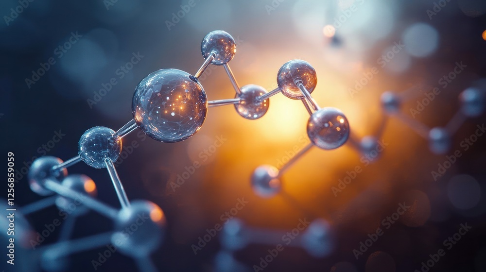 Poster hyper-realistic molecular structure illustration with intricate atom connections and warm backlighti
