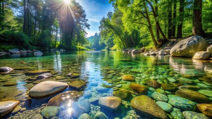 Serene river rocks half-submerged in crystal clear water surrounded by lush greenery and soft sunlight filtering through the trees, calm atmosphere , tranquil water