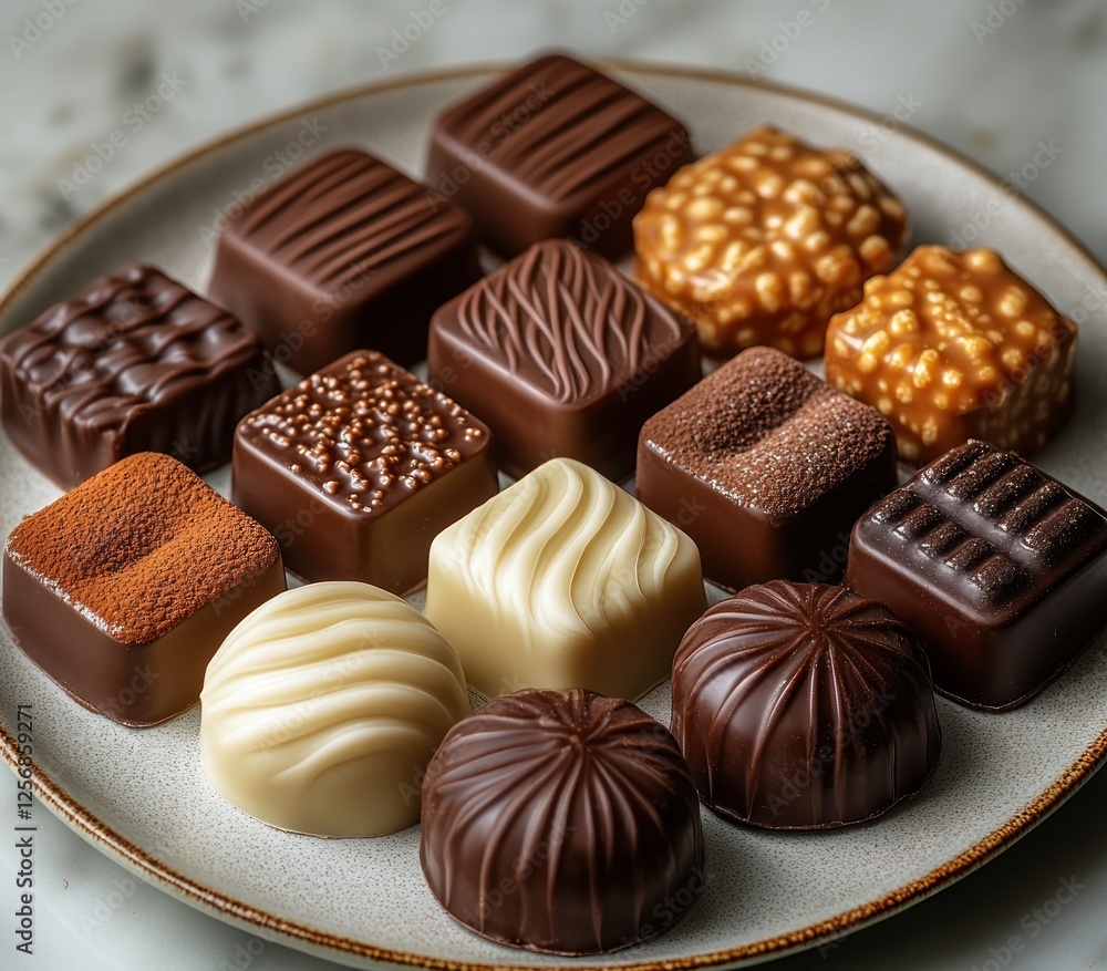 Poster abstract chocolate patterns on white plate minimalist soft diffused lighting