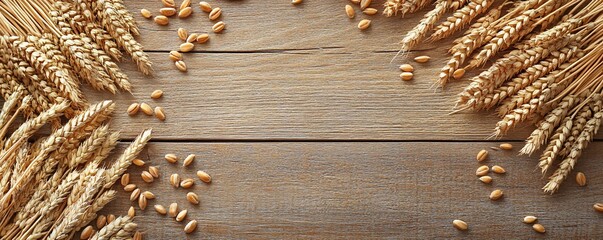 Golden wheat ears and grains creating frame on rustic wooden table