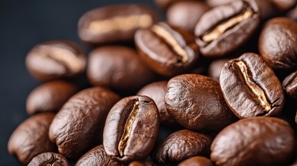 Naklejka premium Close-up of rich brown coffee beans, showcasing their texture and sheen, perfect for coffee lovers and brewing enthusiasts.