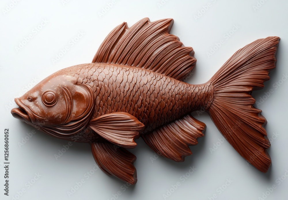 Poster abstract chocolate fish design with high contrast lighting and sharp shadows on white background