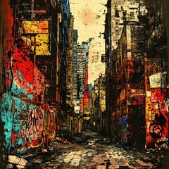 Fototapeta premium Graffiti art adorns the alleyway walls between tall buildings