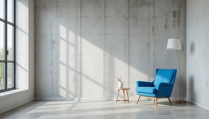 Modern Minimalist Living Room with Blue Armchair, Concrete Wall, and Sunlight Streaming Through Window