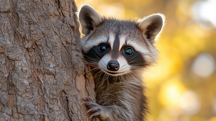 A curious raccoon peeks from behind a tree, surrounded by autumn foliage and soft sunlight