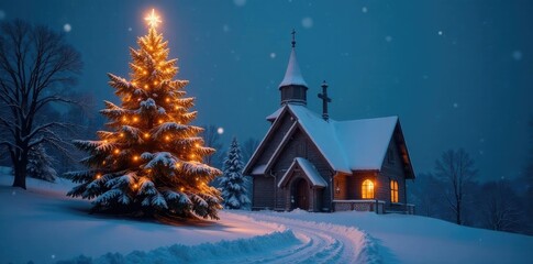 Naklejka premium Church with cross aglow under a snow-covered Christmas tree, cross, festive