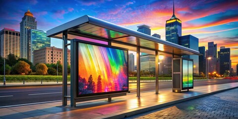 Fototapeta premium Modern bus stop with colorful digital billboard displaying vibrant cityscape at dusk, stop, colorful