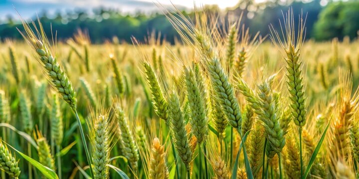Wheat stalks and weed tares entwined with each other amidst lush green foliage in a vast open field on a sunny day, crops, landscape