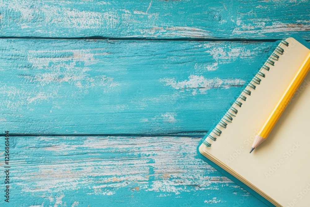 Fototapete open notebook and pencil on a bright wooden desk with space for creativity and ideas in a well lit e