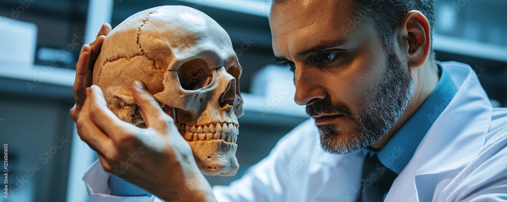 Poster scientist examining human skull in laboratory setting