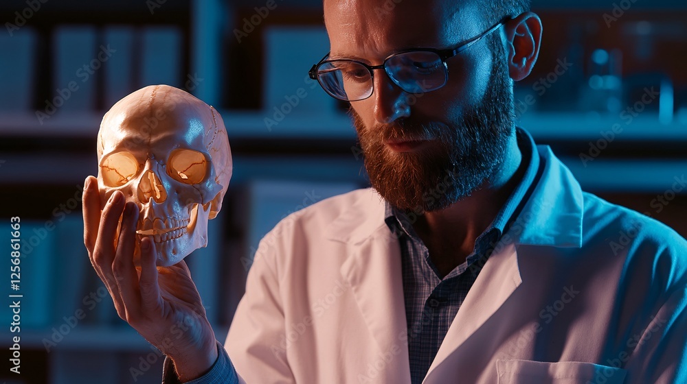 Poster scientist studying human skull in laboratory setting
