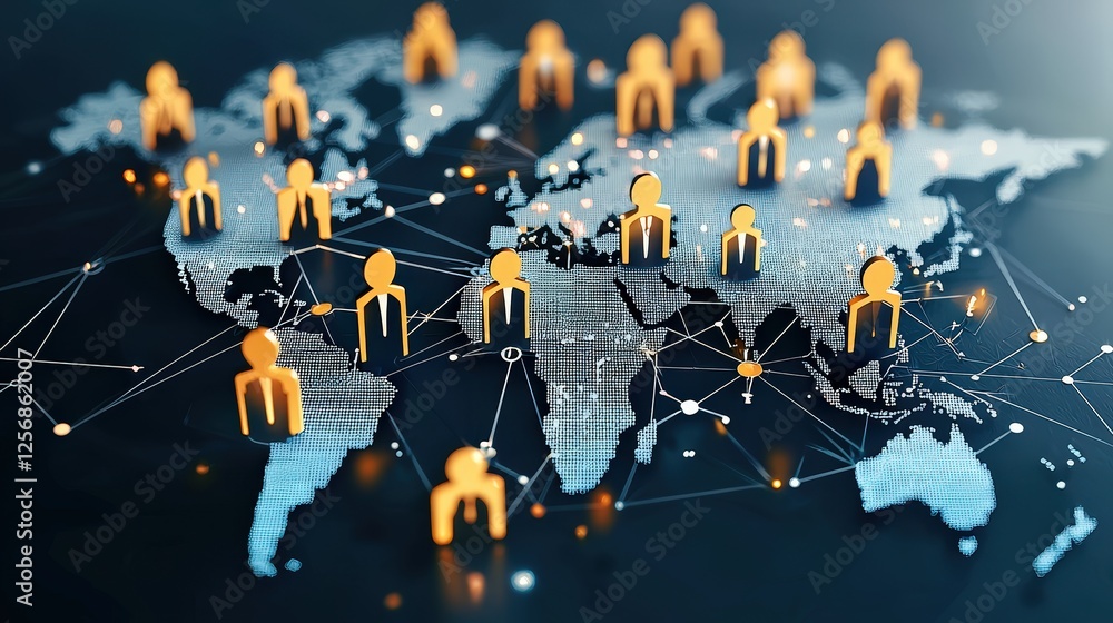 Poster global connections with yellow icons on dark map background