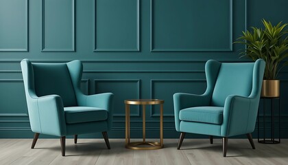 Teal Velvet Wingback Armchairs with Gold Accent Table in Elegant Green Room