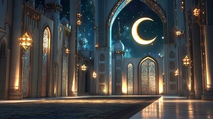 Fototapeta premium 3D render of an Arabic themed product display background for advertisement featuring a moon stars and an Arabic lamp
