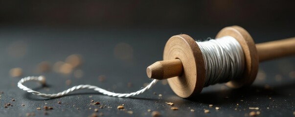 Elegant silver thread wrapped around a wooden spindle, wooden dowel