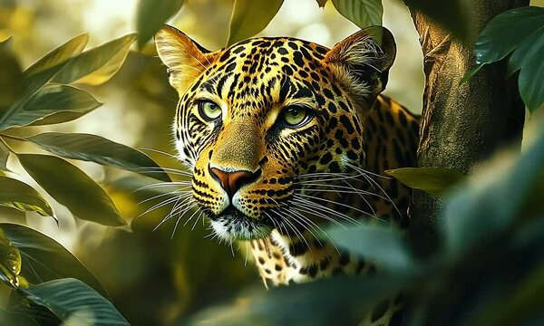 Majestic leopard emerging from thick jungle foliage, bathed in dappled sunlight, surrounded by lush greenery and golden hues, with a misty atmosphere.