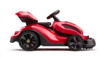 Red Toy Lawn Mower On A White Background. Generative AI
