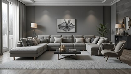 Fototapeta premium Modern Gray Sectional Sofa in Luxurious Living Room with Area Rug