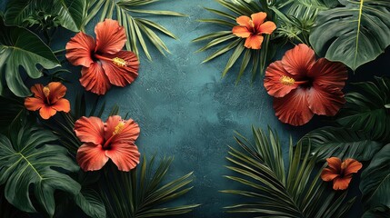 Vibrant arrangement of hibiscus flowers and tropical leaves on a textured teal background