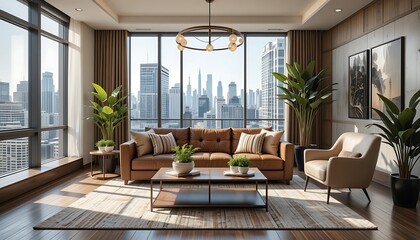 Fototapeta premium Luxury Modern Apartment Living Room with Stunning City View