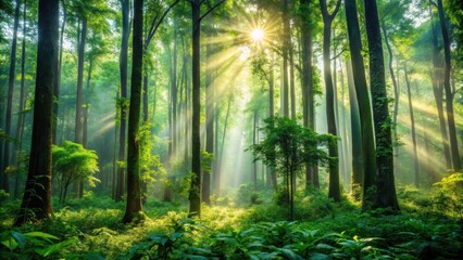 Obraz premium Dense Lush Forest with Tall Trees in Morning Light, tree canopy, greenery, tree canopy, greenery