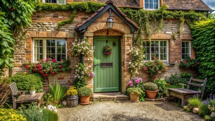 Traditional English Cottage Entrance, countryside scene, vintage decor