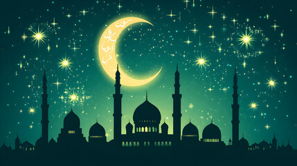 Ramadan green background with half moon and silhouette of mosques in stary night, Eid mubarak, Ramzan, islamic festival.