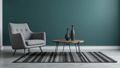 Modern minimalist living room interior design with grey armchair, dark teal wall, and striped rug