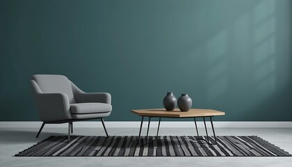 Modern Teal Room Interior Design with Grey Armchair, Coffee Table, and Striped Rug