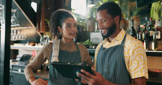 People, tablet and talking in restaurant for small business, explain POS and online order app. Bar manager, trainee and tech in startup with digital menu, hospitality and service industry checklist