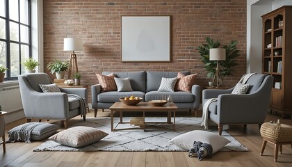 Modern Grey Living Room with Brick Wall, Comfortable Sofa, and Stylish Decor