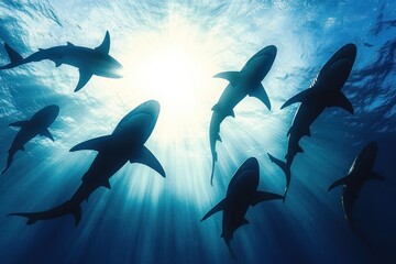 Graceful Sharks Silhouetted Underwater in Japanese Ink Wash Style
