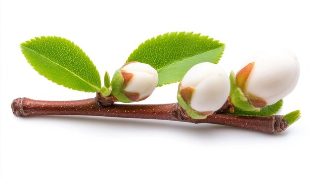 Almond Tree Branch with Blooming White Flowers and Green Leaves. Generative AI
