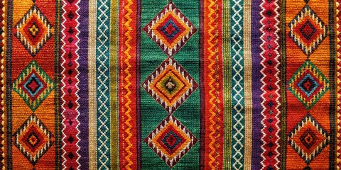 Traditional Mexican textile with intricate grid pattern featuring woven fibers in earthy tones and vibrant colors, handmade crafts, indigenous textiles