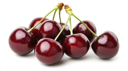 Fresh, ripe cherries clustered together on a white background, ideal for culinary use and recipes