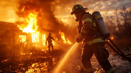 Firefighters battling a blazing fire in an intense action scene during sunset. Generative AI