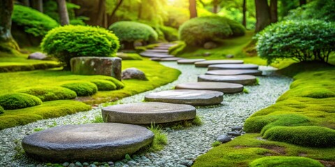 Serene Japanese Zen Garden with Stone Stepping Stones and Moss , serene landscape, minimalist