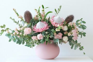 A beautiful floral arrangement mostly of Australian origin in a pink vase, including protea, banksia, eucalyptus leaves and wax flowers, on a white table against a white background with generative ai