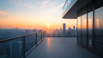 Cityscape Sunset: Modern Balcony Views, Urban Architecture at Golden Hour, Stunning Skyline Panorama from High-Rise Apartment
