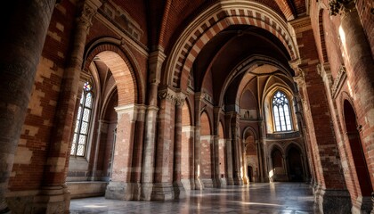 Obraz premium Brick interior image of a cathedral showcasing its architectural details with brick background. Daylight streams through large windows, casting long shadows. The lighting style evokes a sense of