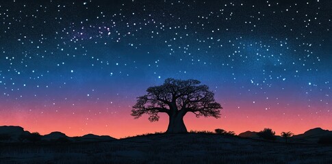 A lone baobab tree silhouetted against a starry night sky